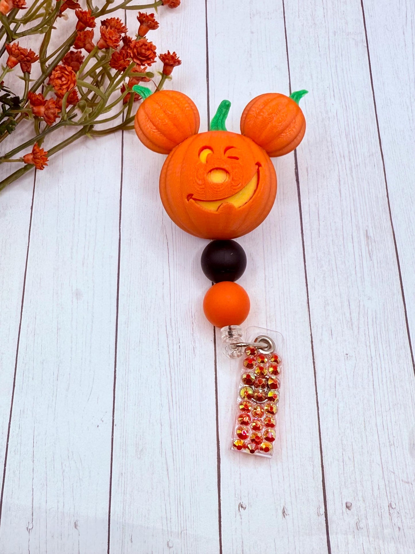 Pumpkin Badge Reel: Rhinestone Halloween Badge Holder