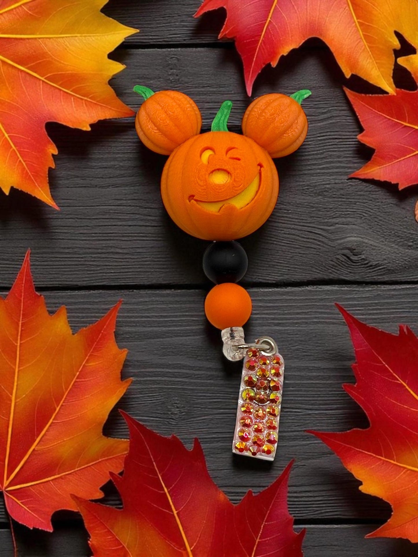Pumpkin Badge Reel: Rhinestone Halloween Badge Holder